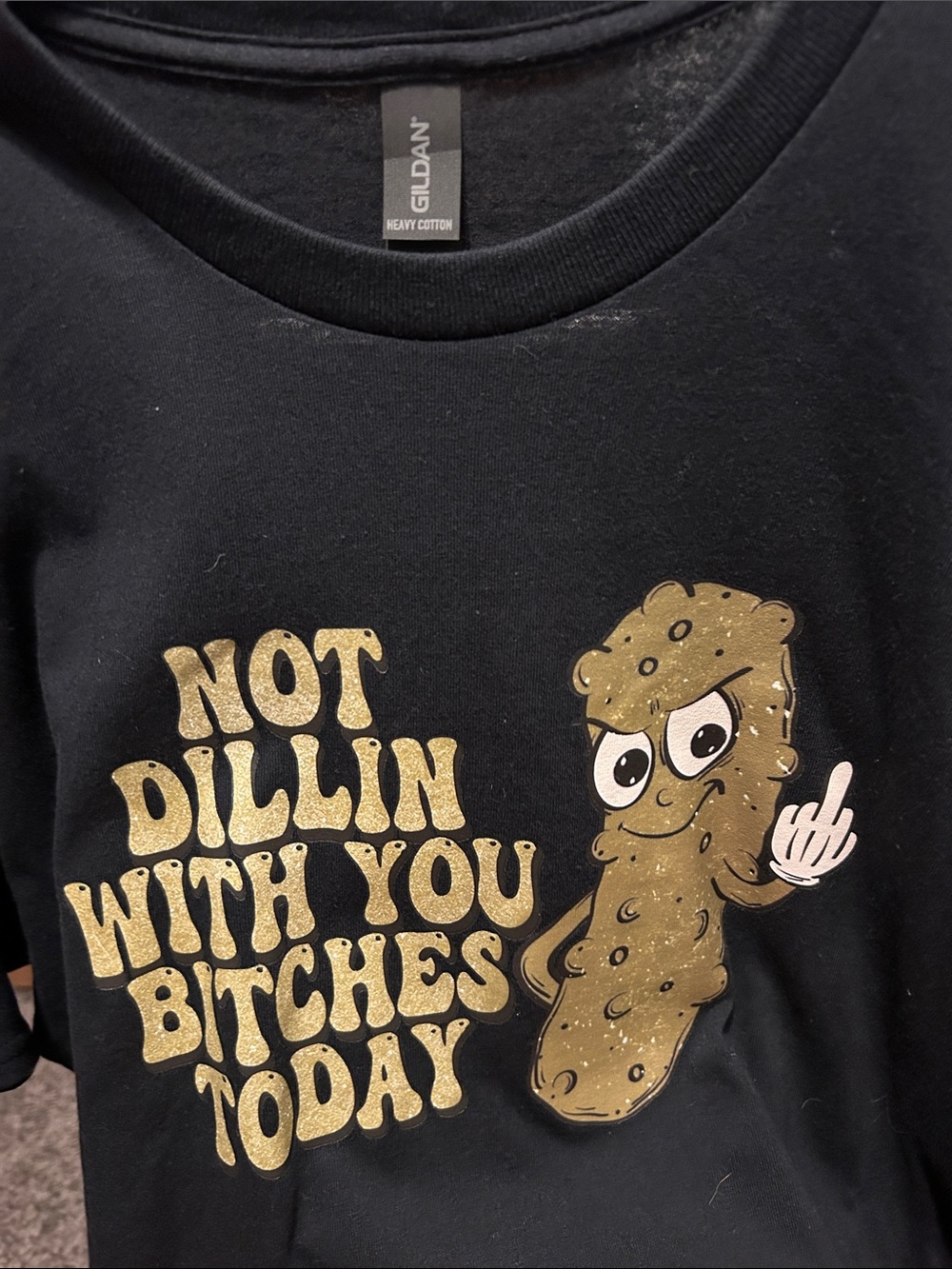 Gildan Black Kids' Short Sleeve Tee with Gold Pickle Graphic and Slogan